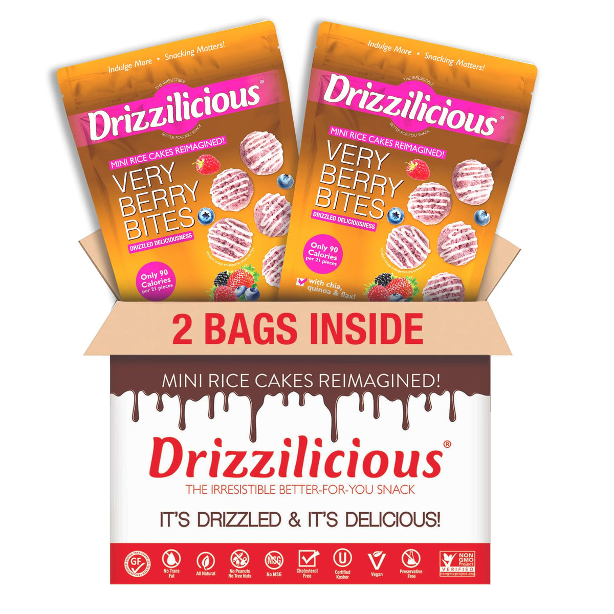 Drizzilicious mini berry rice cakes close-up shows airy texture and fruity notes.