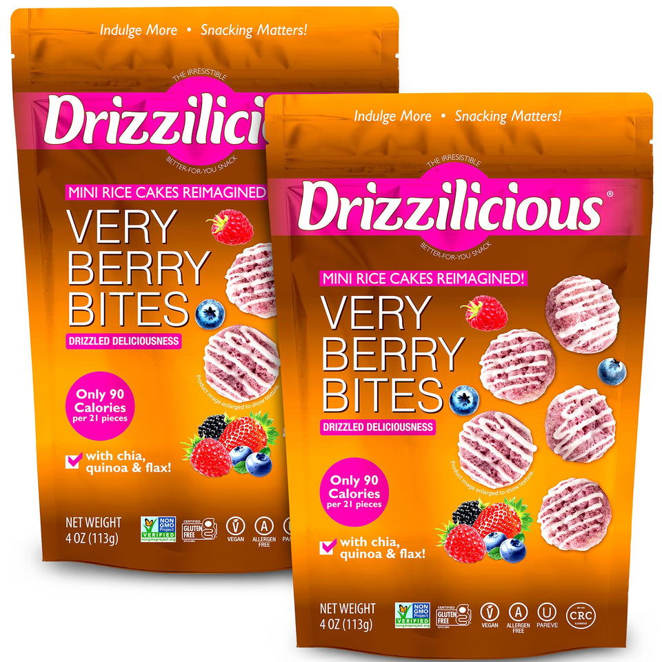 Drizzilicious Mini Very Berry rice cakes pack open, a convenient guilt-free snack for on-the-go meals.