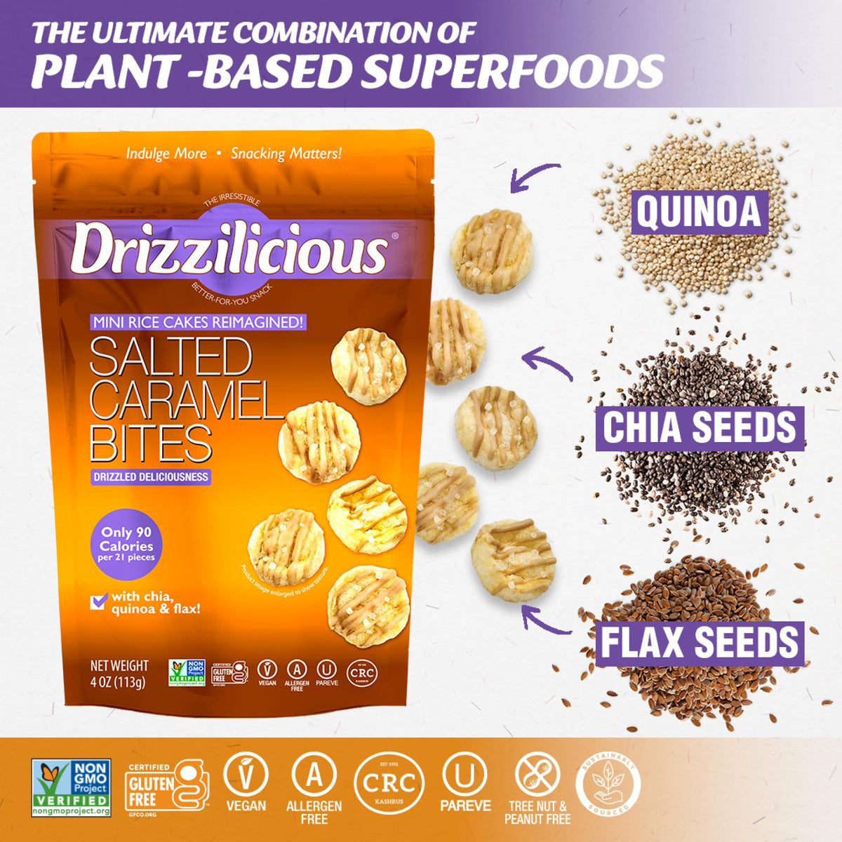 Drizzilicious mini rice cakes in hand, perfect for kids' lunchbox snacks.