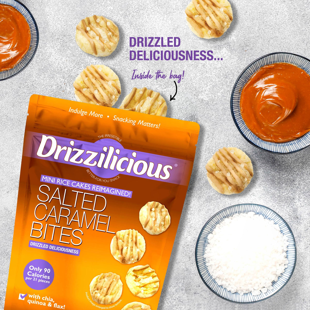 Ingredients spotlight showing quinoa, chia, and flaxseed behind Drizzilicious mini rice cakes.
