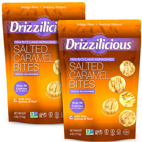 Drizzilicious Salted Caramel mini rice cakes in pack close-up, gluten-free vegan snack option.