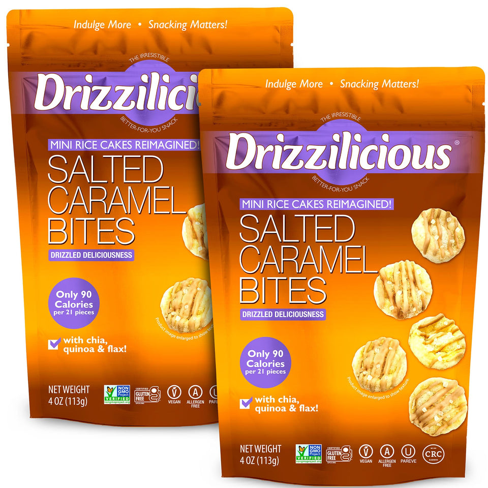 Drizzilicious Salted Caramel mini rice cakes in pack close-up, gluten-free vegan snack option.