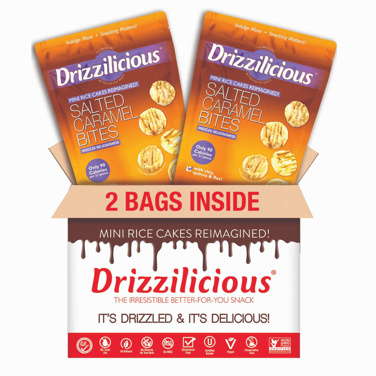 Stacked Drizzilicious mini rice cakes showing light, airy texture for on-the-go cravings.