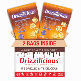 Stacked Drizzilicious mini rice cakes showing light, airy texture for on-the-go cravings.