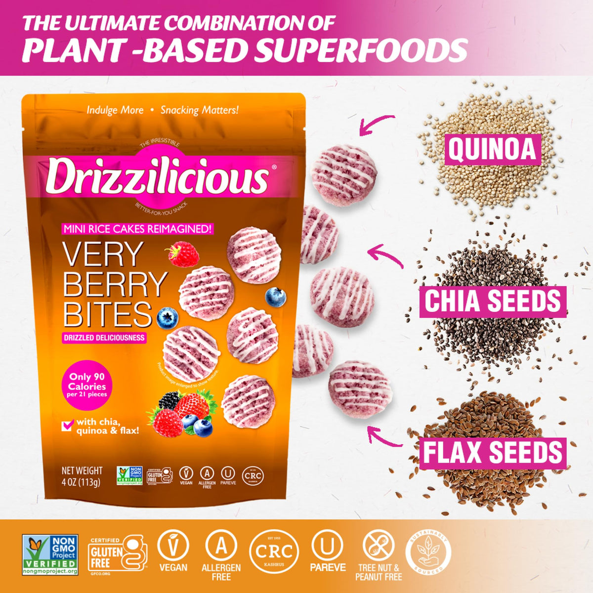 Drizzilicious white chocolate drizzle mini cakes highlight a sweet plant-based finish.