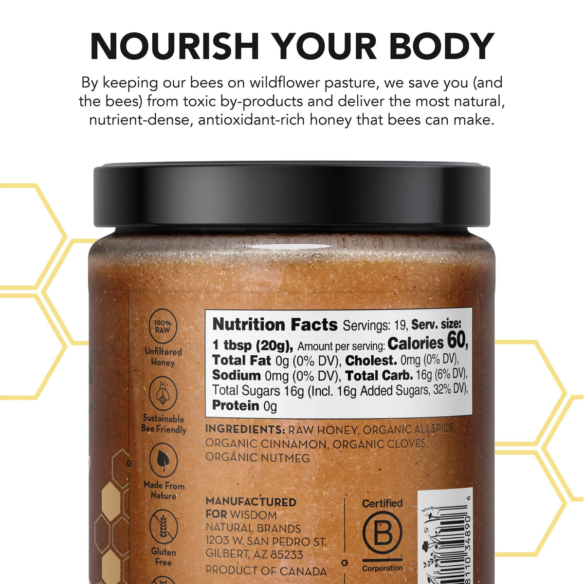 Drizzle Cinnamon Spiced Raw Honey jar closeup highlights creamy texture and spice notes.