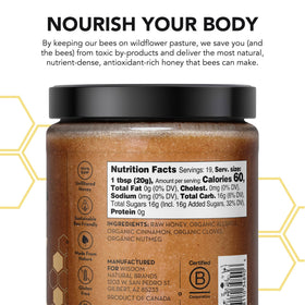 Drizzle Cinnamon Spiced Raw Honey jar closeup highlights creamy texture and spice notes.