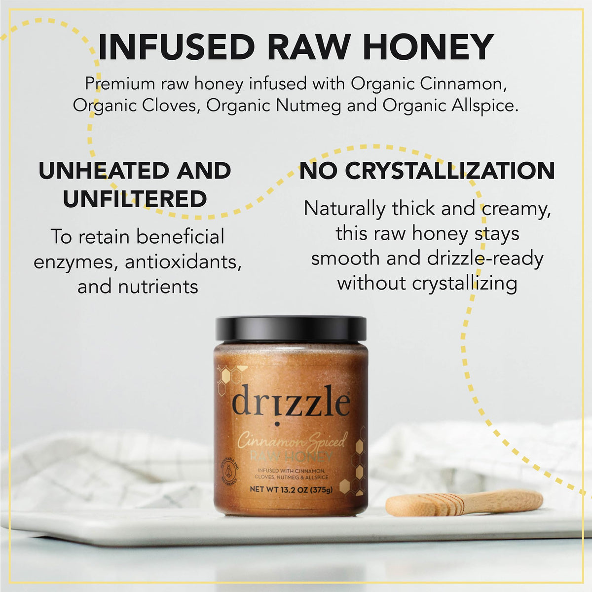Drizzle Cinnamon Spiced Raw Honey spice mix detail emphasizes organic cinnamon and cloves.