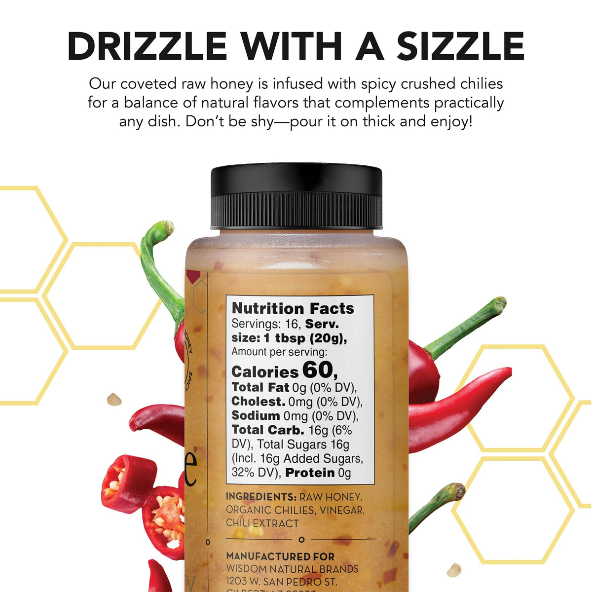 Drizzle Hot Honey bottle angled view emphasizing natural unheated quality
