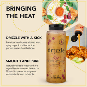 Drizzle Hot Honey label closeup with organic chilies and kosher certification