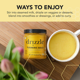 Golden milk prepared with Drizzle Turmeric Gold Raw Honey for a cozy drink
