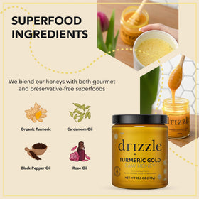 Spoon of Drizzle Turmeric Gold Raw Honey showing creamy texture for daily use