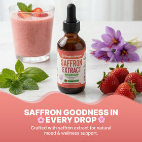 Drops Of Nature saffron drops label closeup with ingredients and flavor.