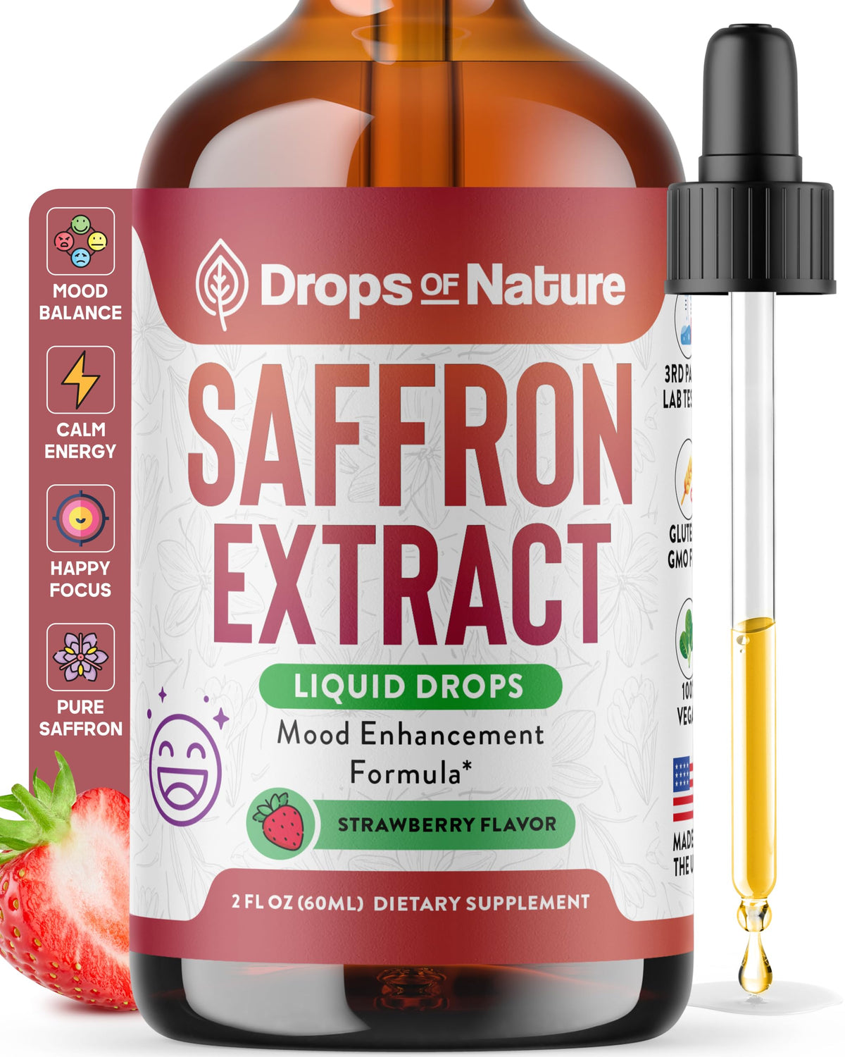 Drops Of Nature saffron drops strawberry bottle for daily mood support.