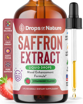 Drops Of Nature saffron drops strawberry bottle for daily mood support.