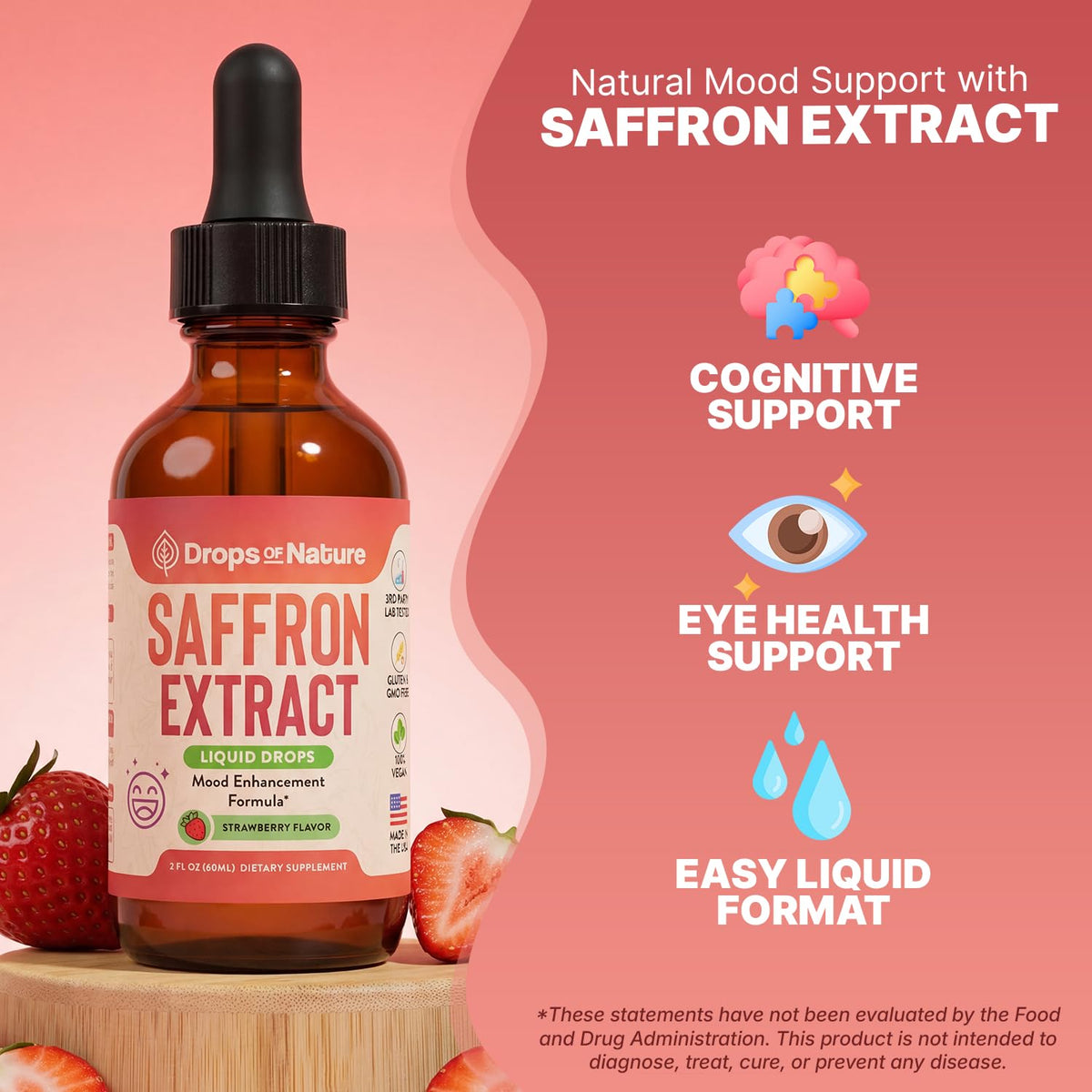 Drops Of Nature saffron drops strawberry pour showing easy dosing for eye health benefits.