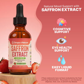 Drops Of Nature saffron drops strawberry pour showing easy dosing for eye health benefits.