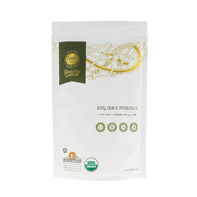 Druids Grove soy milk powder packaging highlighting Non-GMO and kosher certification.