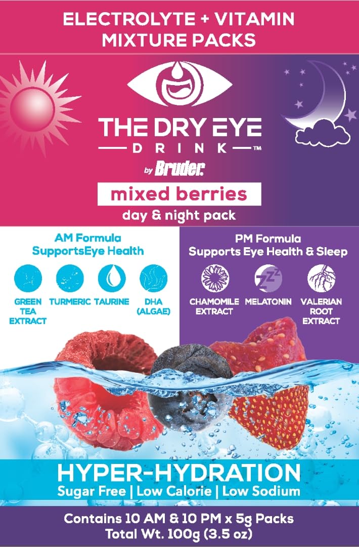The Dry Eye Drink mixed-berry packets ready to mix on a counter