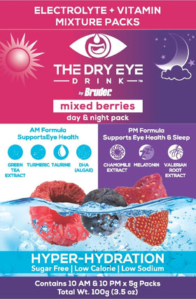 The Dry Eye Drink mixed-berry packets ready to mix on a counter
