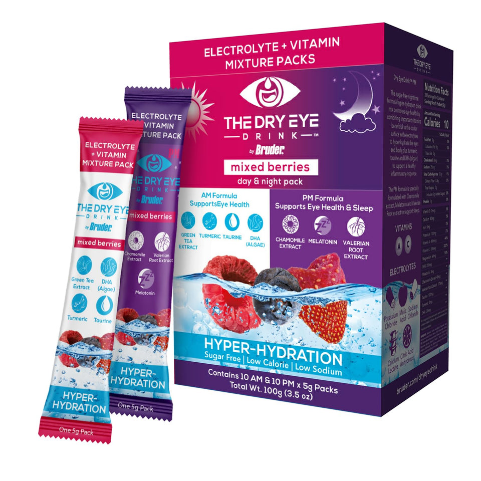 The Dry Eye Drink mixed-berry stick dissolving in water for refreshing hydration