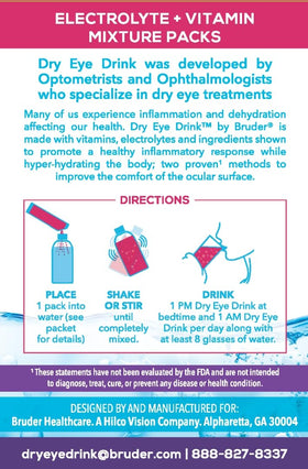 Glass of water with The Dry Eye Drink stick ready to dissolve for hydration
