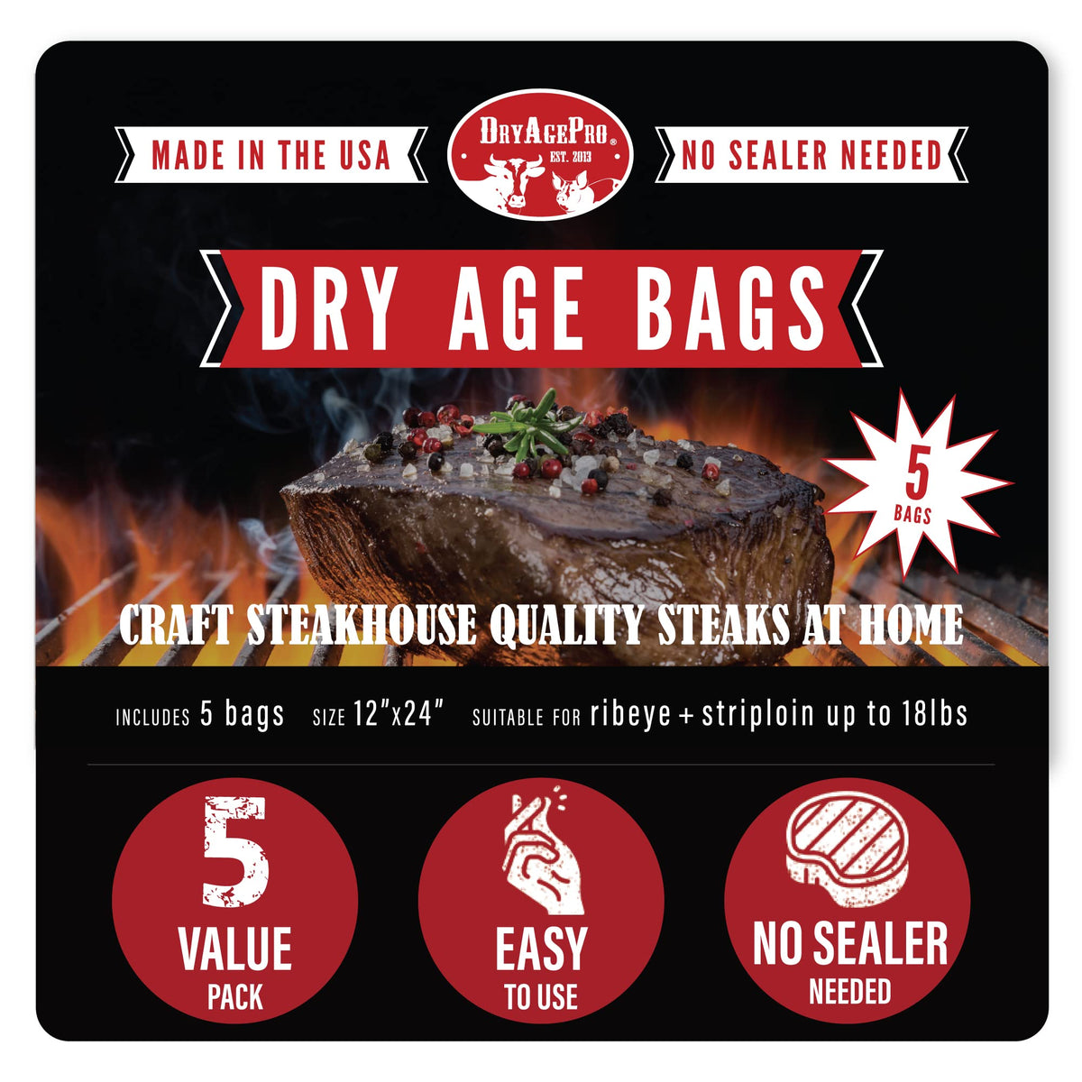 DryAgePro dry-age bags packaging for easy at-home aging