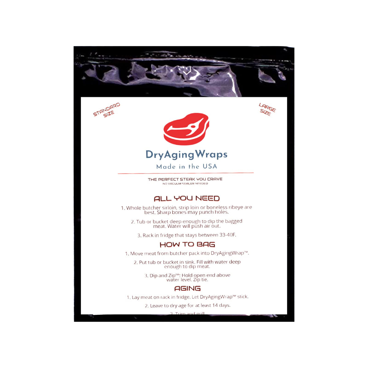 DryAgingWraps bag dip-and-zip method for at-home dry aging.