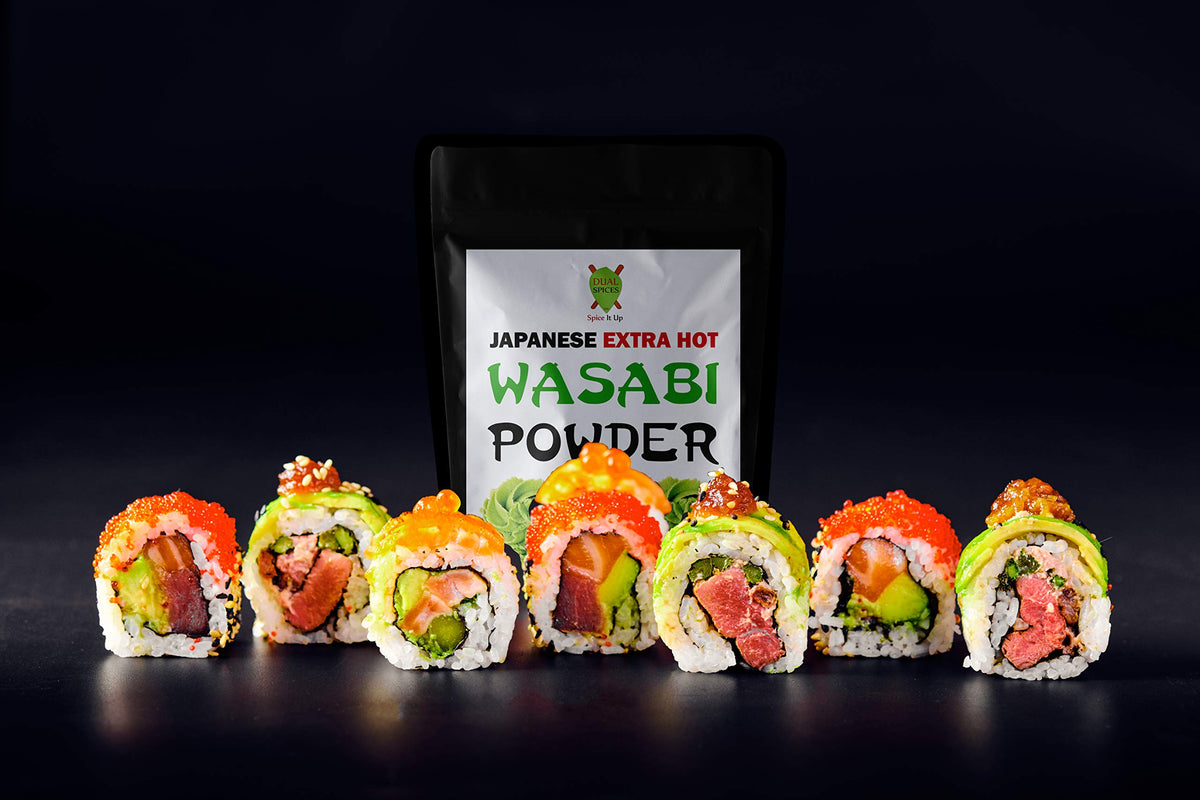 Dualspices Wasabi powder enhances sushi and sashimi with authentic heat.
