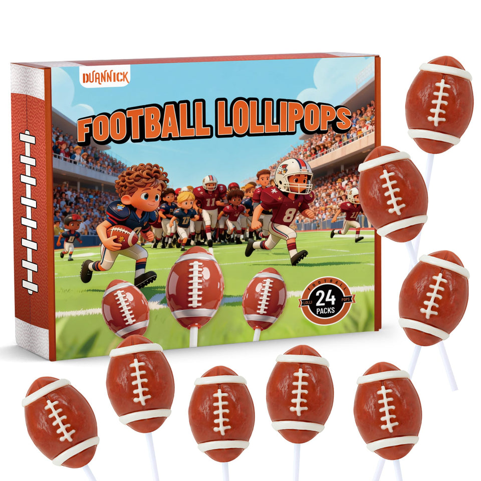 Duannick Football Candy lollipops ideal for Big Game party favors and classroom treats.