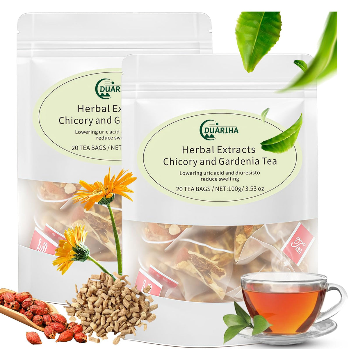 DUARIHA Chicory Gardenia tea packaging highlights a caffeine-free herbal blend for daily balance.