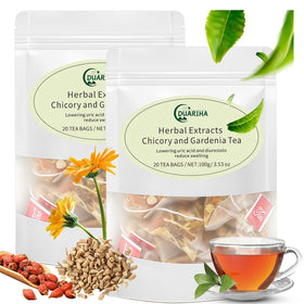 DUARIHA Chicory Gardenia tea packaging highlights a caffeine-free herbal blend for daily balance.