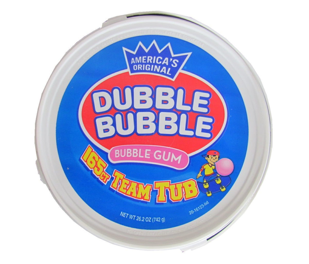 Dubble Bubble 165-count tub bubble gum ingredients view highlights peanut-free formula.