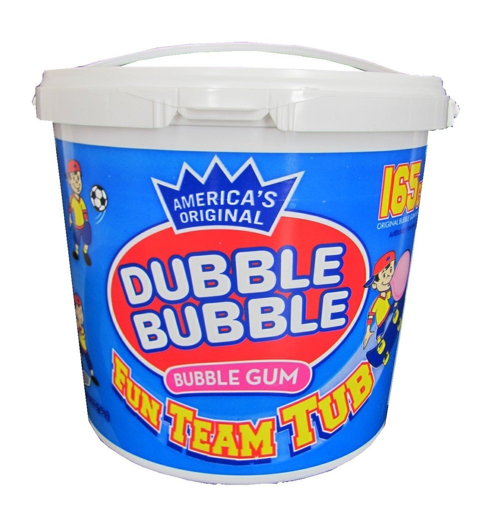 Dubble Bubble 165-count tub bubble gum pack shown for easy sharing and on-the-go snacking.