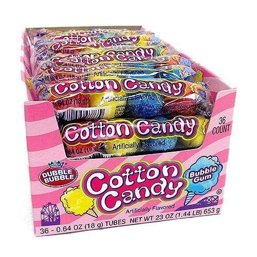 Dubble Bubble Cotton Candy gumballs close up showing blue raspberry cherry and lemon flavors
