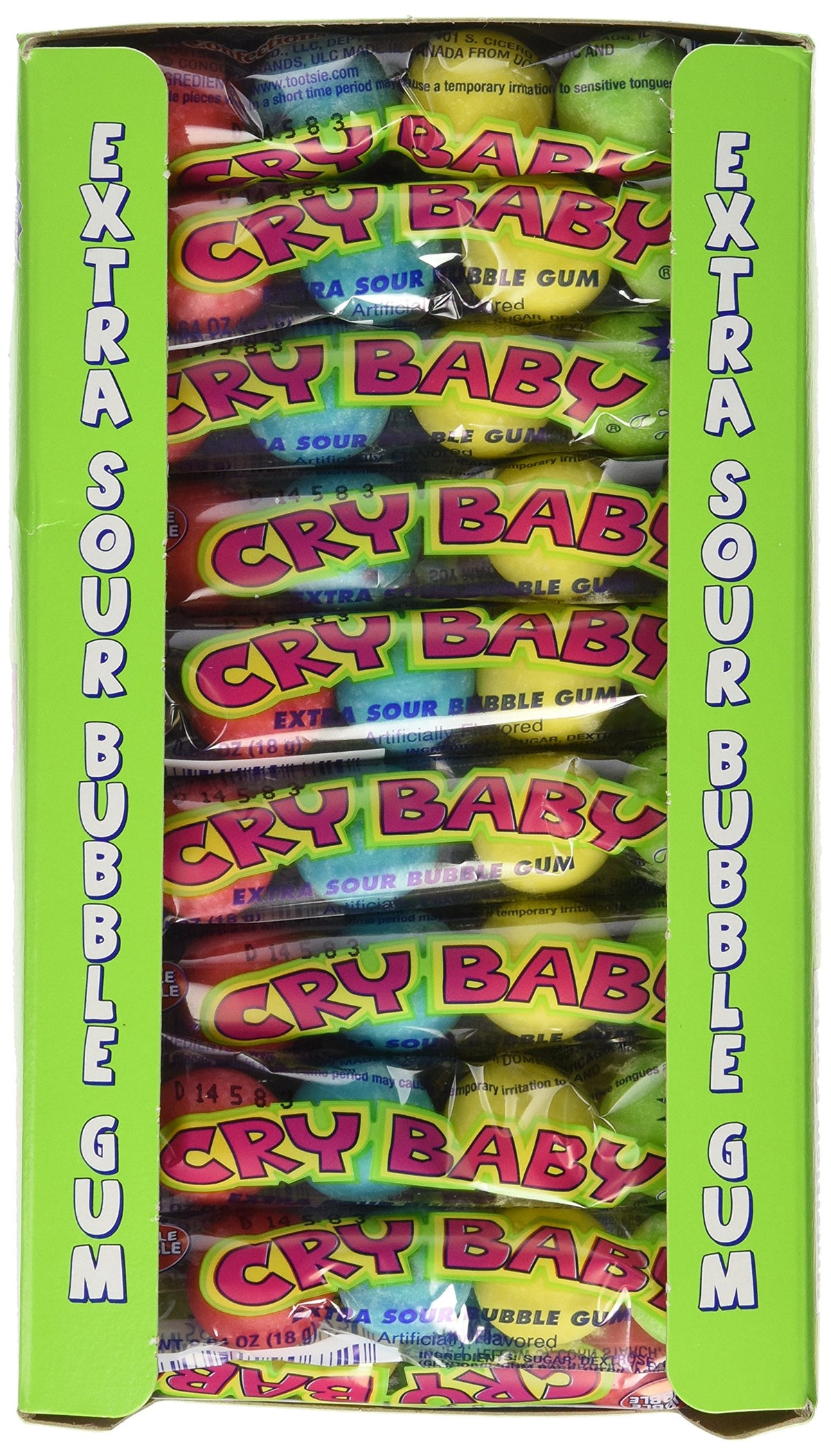 Dubble Bubble Cry Baby Extra Sour Bubble Gum tubes deliver long-lasting sour chewing fun.