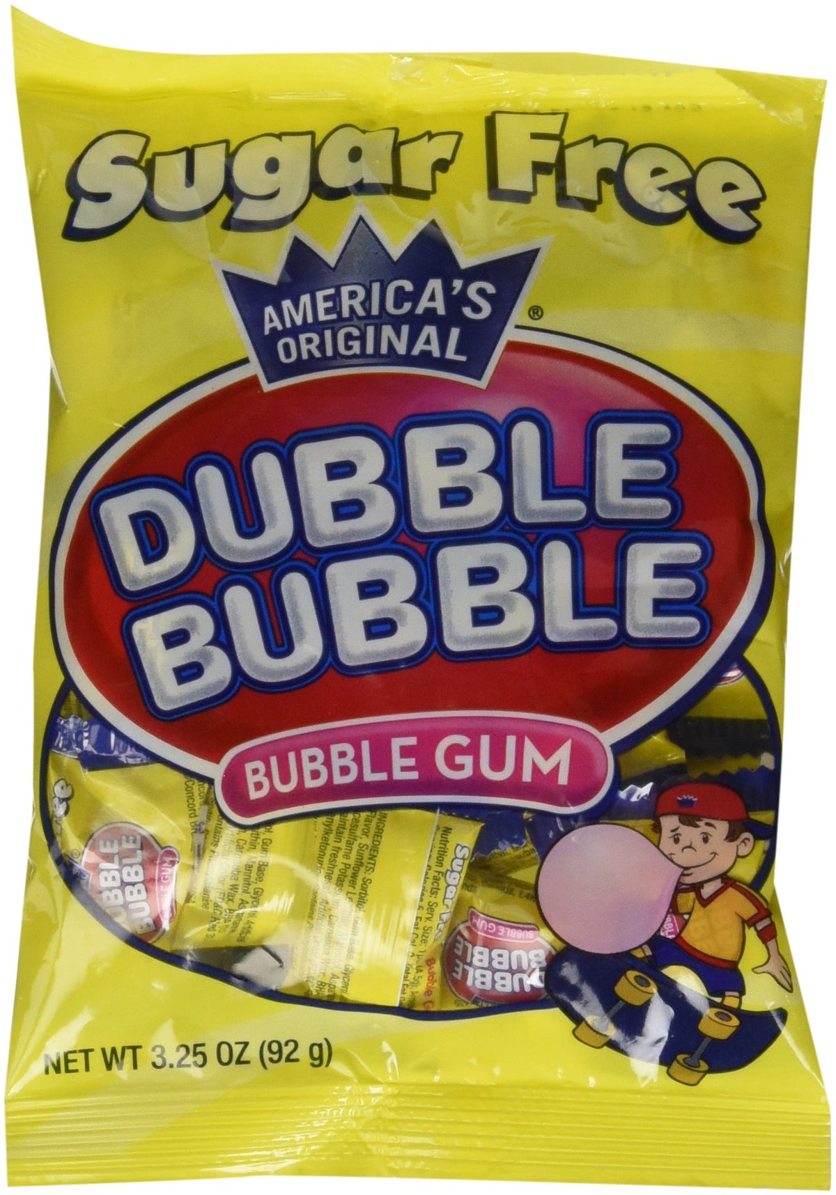 Dubble Bubble Sugar Free bags 12-pack on display, convenient for on-the-go snacking.