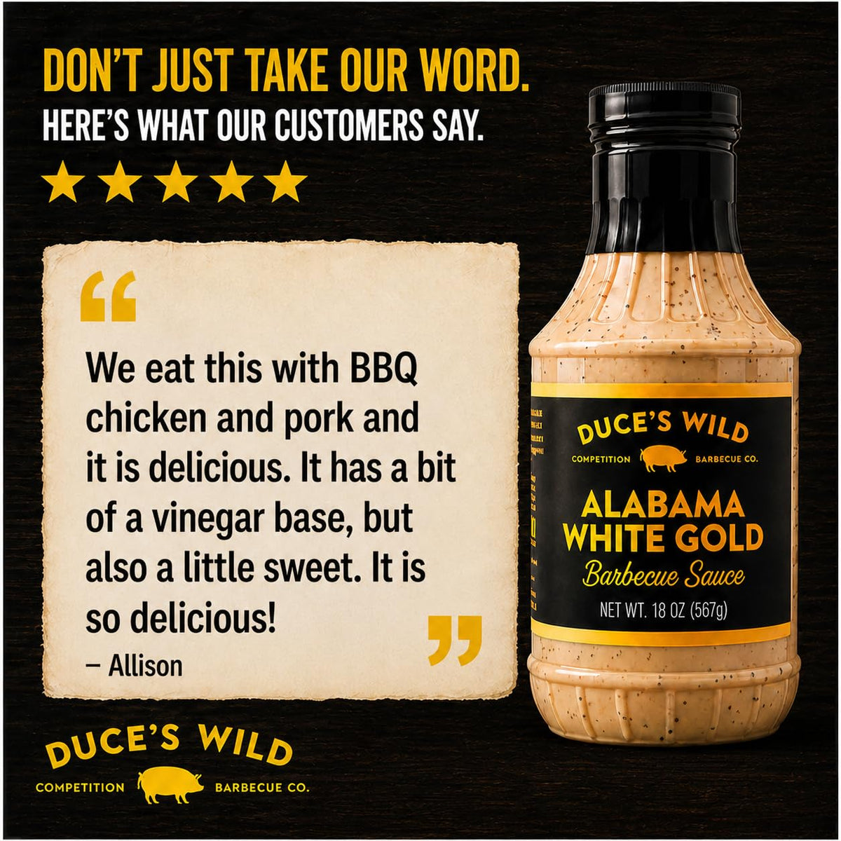 Duce's Wild Alabama White Gold sauce pouring over chicken for marinade