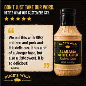 Duce's Wild Alabama White Gold sauce pouring over chicken for marinade
