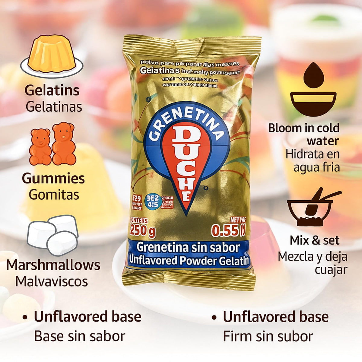 Duche Grenetina Sin Sabor used to craft gummy treats with firm texture