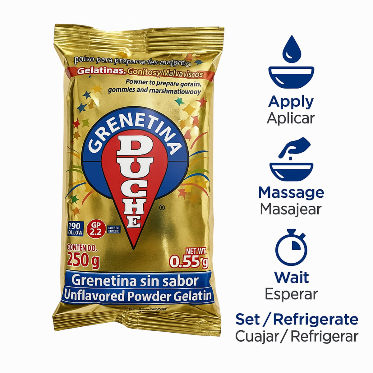 Duche Grenetina Sin Sabor packaging shown for convenient use