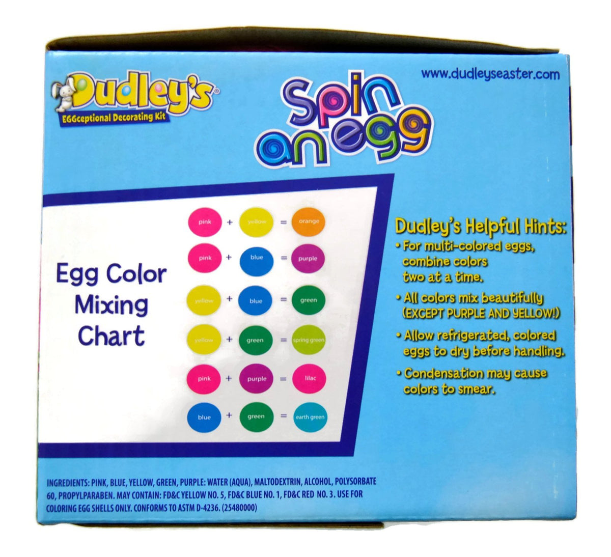 Dudley's Spin and Egg color drops add vibrant shades for quick, kid-friendly egg art