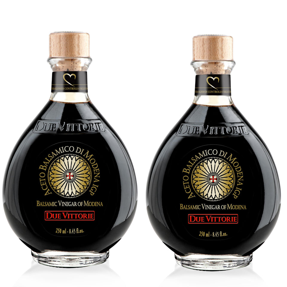 Due Vittorie Oro Gold balsamic bottle on kitchen counter showing smooth flavor for salads