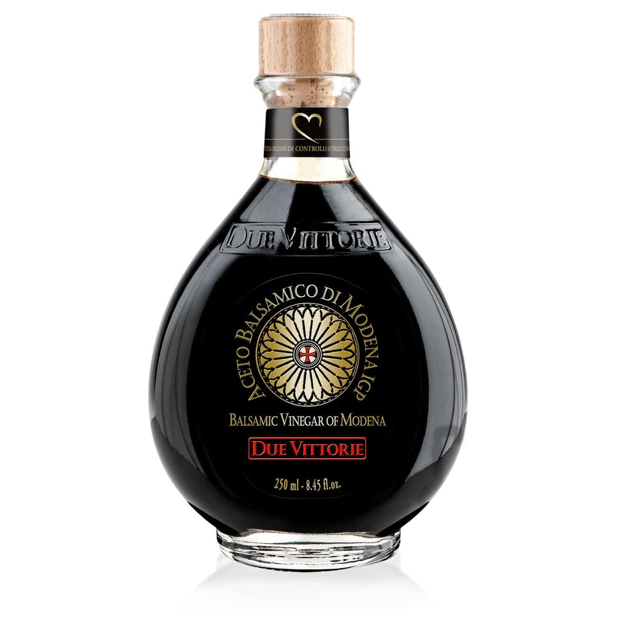 Due Vittorie Oro Gold balsamic bottle with built-in pourer for effortless, controlled drizzling.