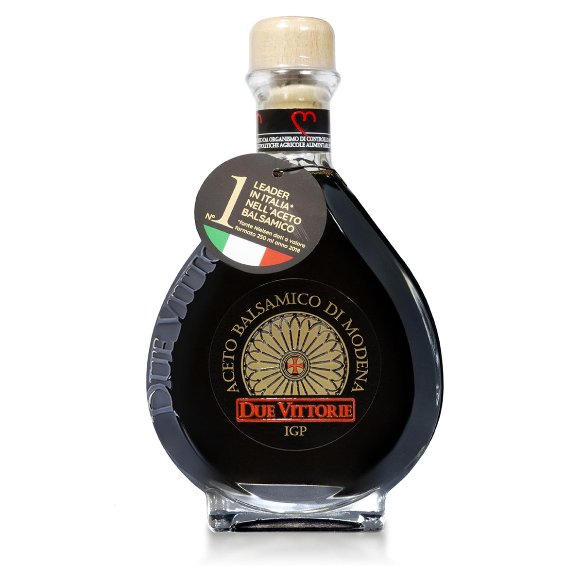 Due Vittorie Oro Gold balsamic in a glass decanter ready to pour, premium presentation