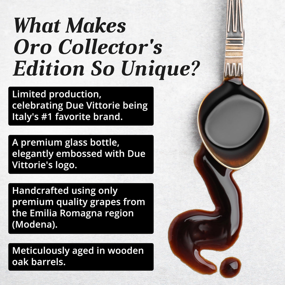 Dark glossy balsamic syrup of Due Vittorie Oro Gold with cherry notes