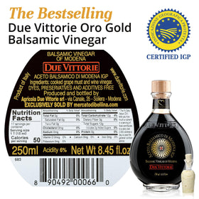 Close-up of Due Vittorie Oro Gold bottle highlighting dark color and glossy finish