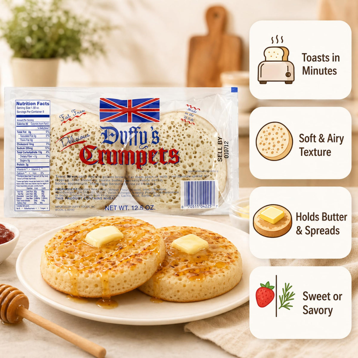 Duffy's Crumpets with butter and jam, ready for a quick breakfast indulgence.