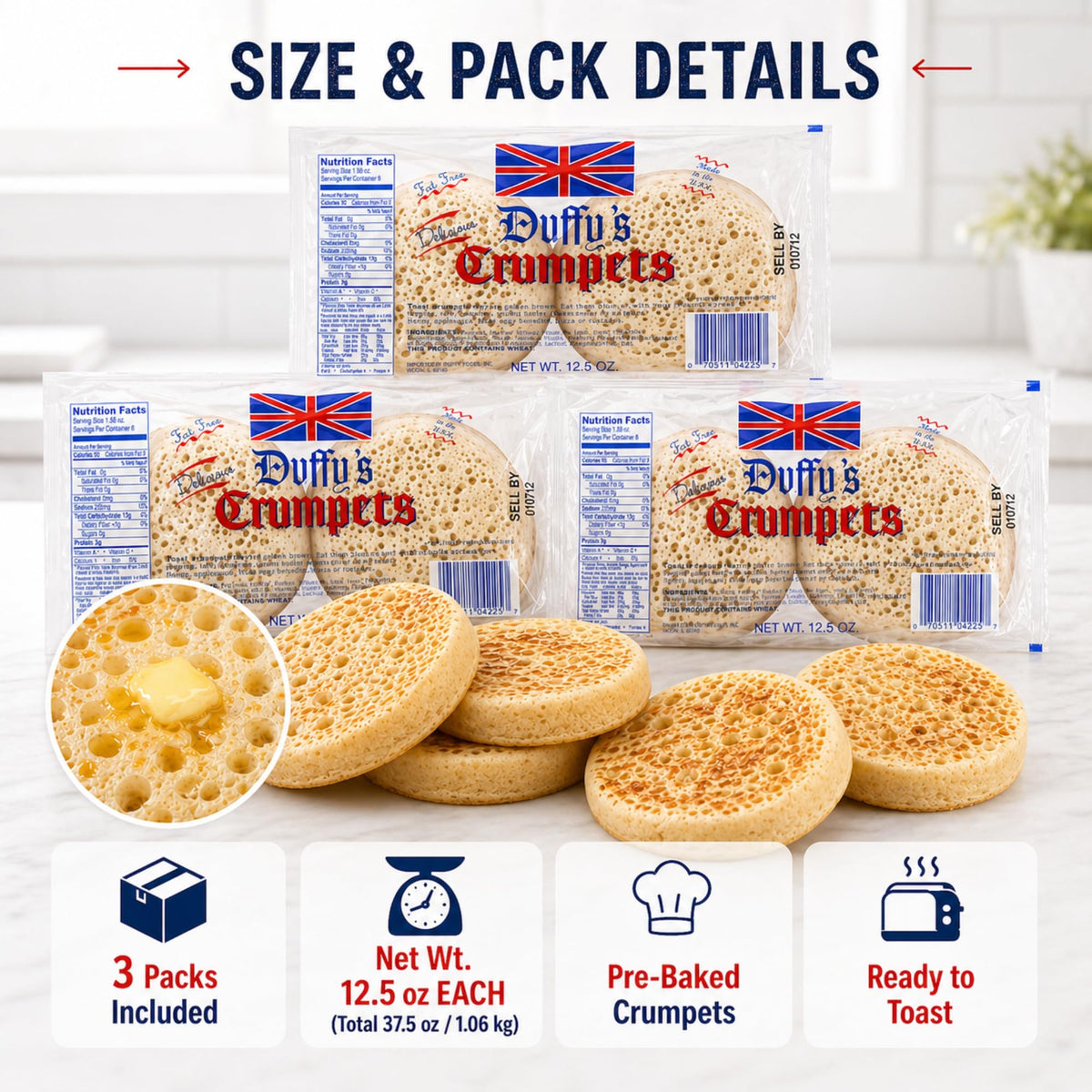 Duffy's crumpets easy prep for a quick breakfast.