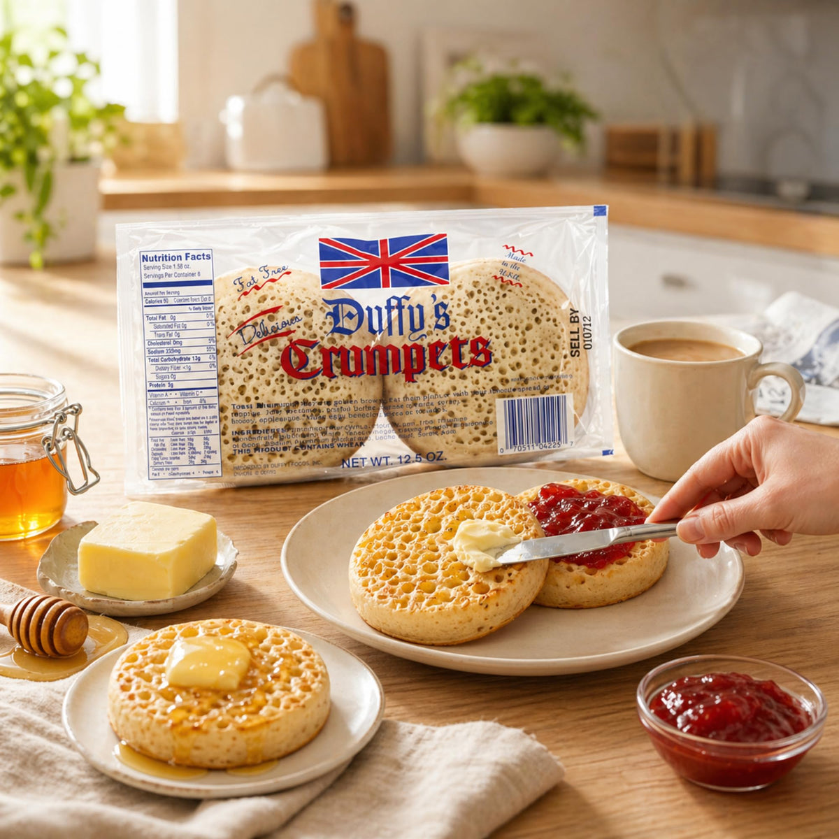 Duffy's Crumpets show a golden crust after toasting, a classic British treat.
